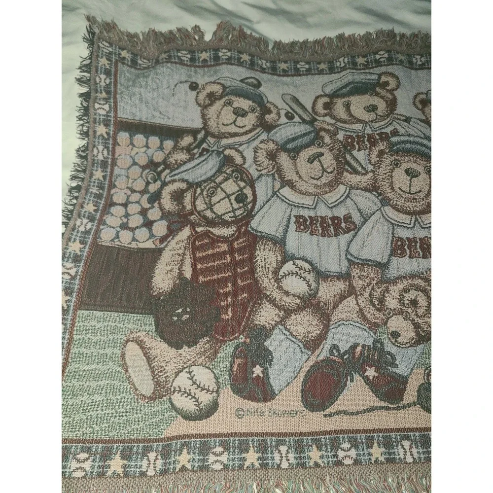 Nita Showers Teddy Bear Baseball Woven Tapestry Throw Blanket Fringed 39x33